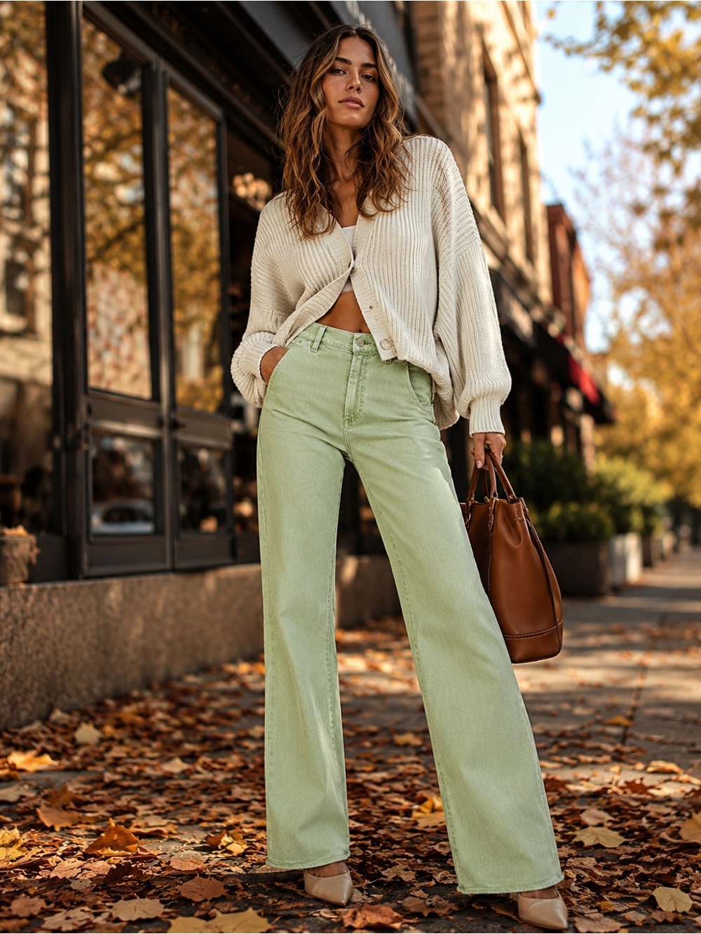 Alice + Olivia High-Rise Wide-Leg Jeans — Size 26 — Light Green